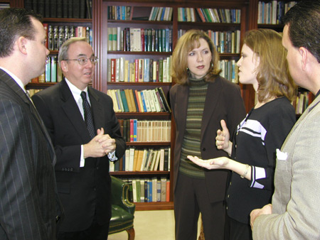 Former Taliban prisoners Dayna Curry and Heather Mercer talk with University Minister Todd Brady, Union President David S. Dockery and Tennessee Baptist Convention President Kevin Shrum. - Photo by Cam Tracy