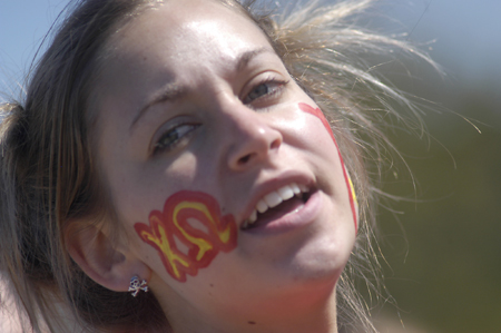 Junior Janelle Musser puts on her Chi Omega face during the Greek Olympics. - Photo by Kathleen Murray