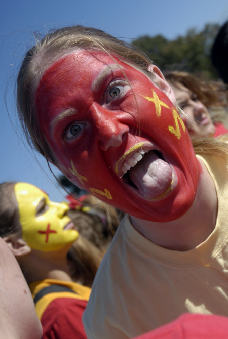 Sophomore Kristen Shelley puts on her game face for Chi Omega during the Greek Olympics. - Photo by Kathleen Murray