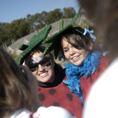 Zetas Tori Gill and Tiffany Fredericks don their strawberry outfits for Zeta during the Greek Olympics. - Photo by Kathleen Murray