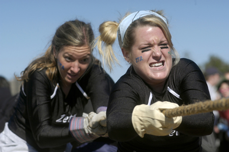 Zetas Brittany Hill and Whitney Culver give it their all during the Greek Olympics. - Photo by Kathleen Murray