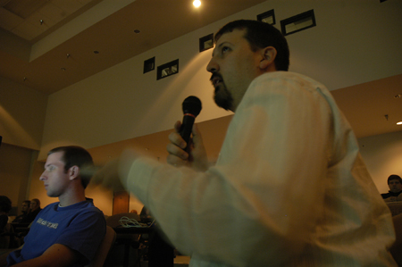 Festival Director Cam Tracy introduced each film during the screening at the Third Annual Union Student Film Festival.  Senior Andrew Skaggs provided audio-visual support for the festival. - Photo by Kathleen Murray