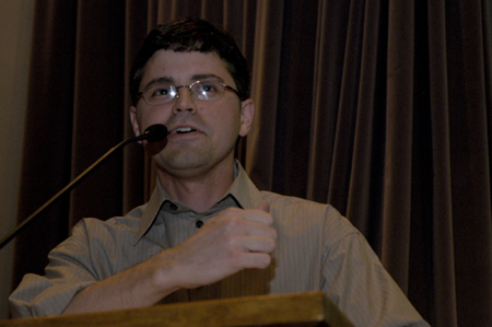 Director of Student Programs Justin Phillips delivers the punchline to a joke during the Third Annual Union Student Film Festival. - Photo by Kathleen Murray