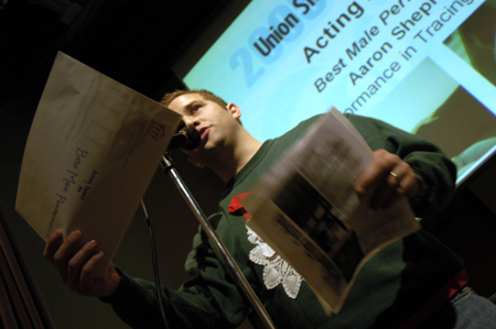 Mark VanderHaar, former director of student programs, announces the award for Best Male Performance that was won by Aaron Shepherd for his performance in <i>Tracing Oblivion</i> during the Third Annual Union Student Film Festival. Courtney Braswell won Best Female Performance for <i>Development</i>. - Photo by Kathleen Murray