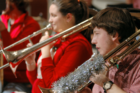 Sophomore Robert Sparks played the trombone with Christmas spirit during the Jazz Band Concert in Hartley Hall. - Photo by Brad Moore
