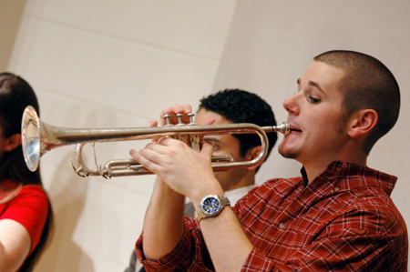 Junior Josh Wilkerson performed with gusto during the Jazz Band Concert in Hartley Hall. - Photo by Brad Moore