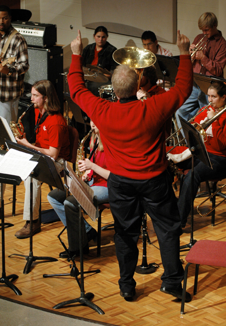 David McClune led the Jazz Band during their performance in Hartley Hall. - Photo by Brad Moore