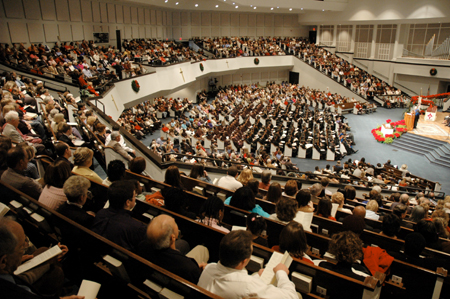 Bob Agee, former Union University administrator and president emeritus of Oklahoma Baptist University, gives the commencement address to a full house at West Jackson Baptist Church. - Photo by Brad Moore