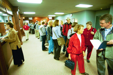 A crowd gathered in front of the chapel waiting to hear Dayna Curry and Heather Mercer. - Photo by Jim Veneman