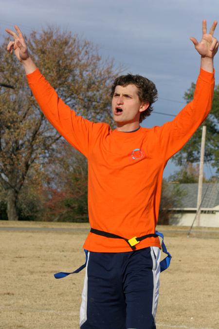 Sophomore Ronald Long celebrates during the Young Alums' Turkey Bowl. - Photo by Kyle Kurlick