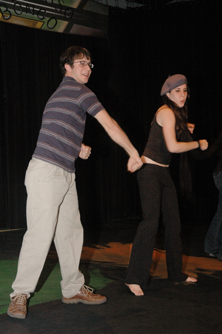 Sophomores Kyle Rains and Catherine Schulz play an improv game during Cafe Bongo. - Photo by Brad Moore