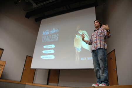 One of the filmmakers talks about the suffering in Africa depicted in <em>Invisible Children</em>. - Photo by Kristen Nicole Sayres