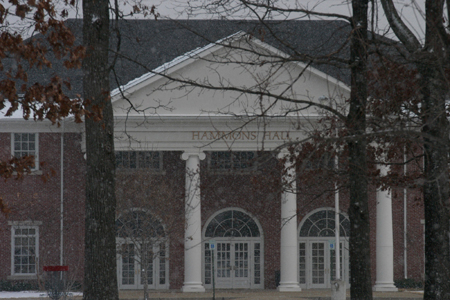 Hammons Hall during a snow shower. - Photo by Heather Phillips