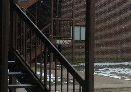 Large snowflakes falling outside the Dehoney building in the McAfee Residence Complex. - Photo by Heather Phillips
