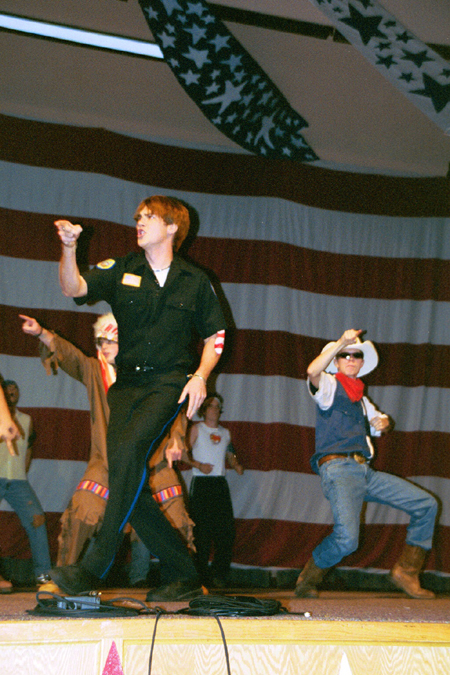 Matt Lott, Adam Winters, and Brandon Nelms imitate the Village People for the Small Group Winning Onions during the SAC Variety Show. - Photo by Lindsay Stavish