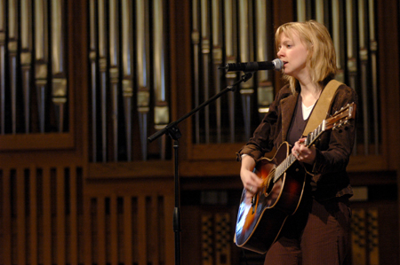 Sandra McCracken performs during chapel. - Photo by Brad Moore