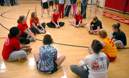 Chi Omegas warm up before the Wild and Wacky Homecoming Games begin. - Photo by Brad Moore