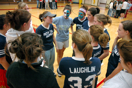 Bekah McElhannon discusses strategy with her fellow Zetas before the Wild and Wacky Homecoming Games begin. - Photo by Brad Moore