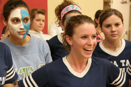 Katie Monroe, Sally Goulooze, Brittany Barkley and Kathryn Laughlin get ready to compete for the Zetas in the Wild and Wacky Homecoming Games. - Photo by Kyle Kurlick