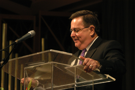 Gary Williams ('71), associate vice president for university relations - alumni services, introduces the Class of '56 during the Homecoming chapel. - Photo by Heather Phillips