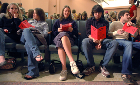 Jessica Gillard, Jessica Patten, Christina Manchester, Ben Bailey and Chris Hayden sit in anticipation for Variety Show 2006. - Photo by Kristen Nicole Sayres