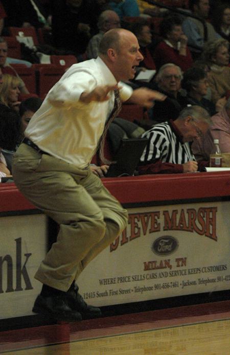 Union head men's basketball coach Ralph Turner tries to get the attention of his players during Union's homcoming win over No. 1 ranked Mountain State University (W. Va.). - Photo by Heather Phillips