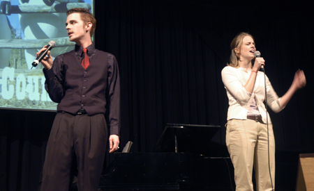 Carson Turner and Emily Watlington from the cast of <em>The Spitfire Grill</em> sang a number from their upcoming theatre production during the Variety Show. - Photo by Stephanny Rodriguez