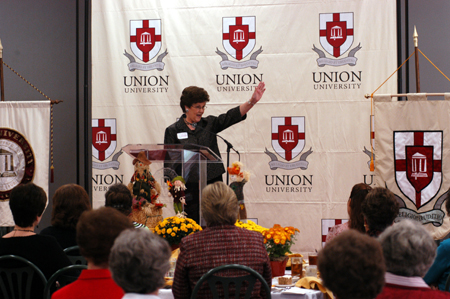 Carol Ann Draper makes a point at the Union Auxiliary fall luncheon. - Photo by Morris Abernathy