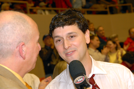 Steve Beverly interviews head coach Mark Campbell following his 226th win in just seven years leading the Lady Bulldogs. That win, a 79-62 victory over Lubbock Christian, brought a second consecutive NAIA national championship to Union University. - Photo by Morris Abernathy