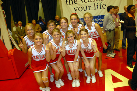 Union University cheerleaders led an enthusiastic crowd at Oman Arena during the Lady Bulldogs' 79-62 win over Lubbock Christian. The victory secured a second consecutive NAIA national championship. - Photo by Morris Abernathy