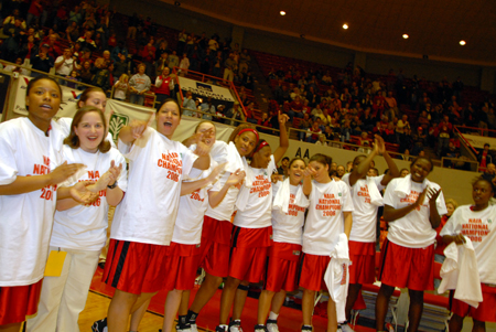 Union's Lady Bulldogs model their national championship T-shirts just moments after earning a second consecutive NAIA title at Oman Arena. - Photo by Morris Abernathy