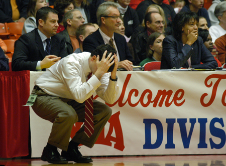 Head Coach Mark Campbell reacts to a call from the sidelines during the NAIA Women's Basketball National Championship Game.  - Photo by Jim Veneman
