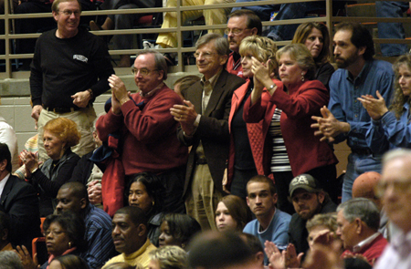President Dockery cheers on the Lady Bulldogs with Harry Smith, president of the board of trustees at Union, during the NAIA Women's Basketball National Championship Game.  - Photo by Jim Veneman