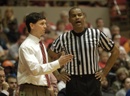 Head Coach Mark Campbell argues a call during the NAIA Women's Basketball National Championship Game. - Photo by Jim Veneman