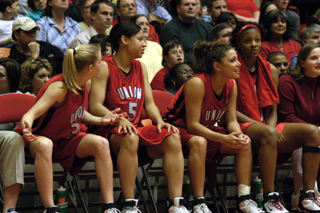 The Lady Bulldog sideline prepares to celebrate at the end of the NAIA Women's Basketball National Championship Game. - Photo by Jim Veneman