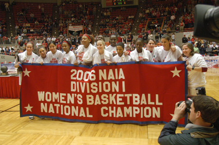 Union's Lady Bulldogs celebrate a second consecutive NAIA national championship at Oman Arena following their 79-62 victory over Lubbock Christian. - Photo by Jim Veneman