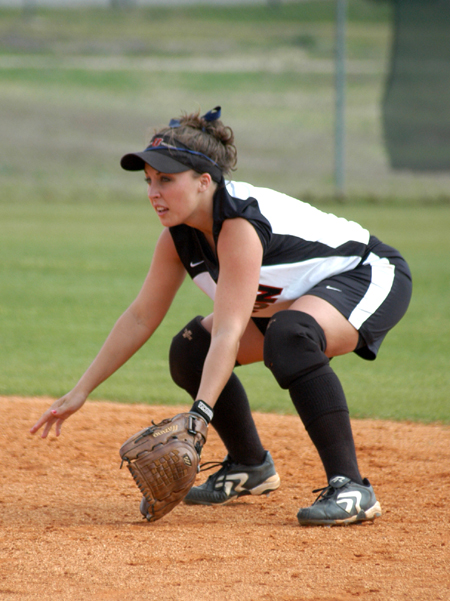 Candase Cross takes her fielding position at second base during a game at Union's Fesmire Field. - Photo by Steven Aldridge