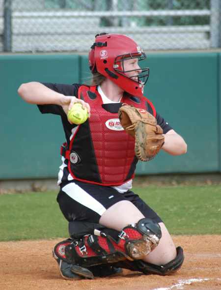 Senior catcher Kylie Sullivan throws the ball back to the pitcher during a game at Union's Fesmire Field. - Photo by Steven Aldridge