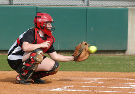 Senior catcher Kylie Sullivan receives a pitch during a game at Union's Fesmire Field.  - Photo by Steven Aldridge