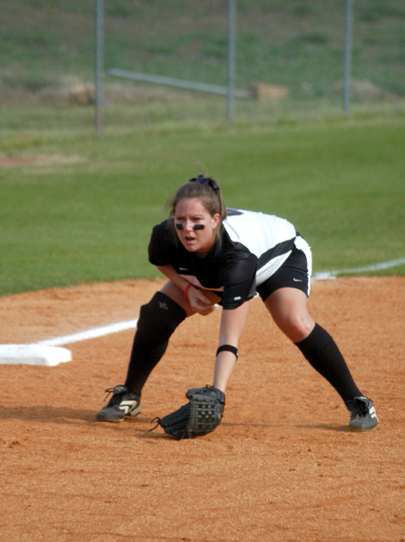 Senior third baseman Jessica Kee gets in her field position during a game at Union's Fesmire Field.  Kee has been a four-year starter at third base for Union during her career. - Photo by Steven Aldridge