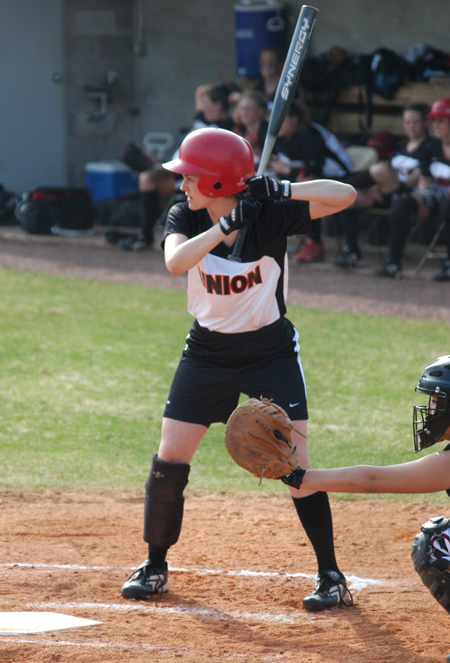 Freshman outfielder Michelle Albonetti awaits a pitcher during a game at Union's Fesmire Field. - Photo by Steven Aldridge