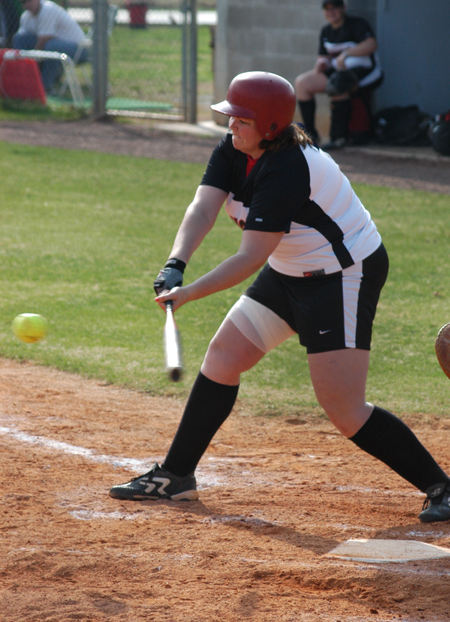Senior first baseman Danielle Pope takes a swing at a pitch during a Union win over Martin Methodist. - Photo by Steven Aldridge