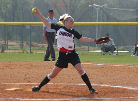 Senior pitcher Mary Kosco strides in her delivery just prior to releasing a pitch in a game at Union's Fesmire Field. - Photo by Steven Aldridge