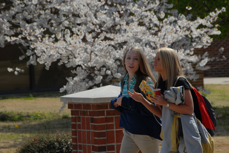 Deanna Nick & Brittany Clark cross campus on a beautiful spring day. - Photo by Morris Abernathy