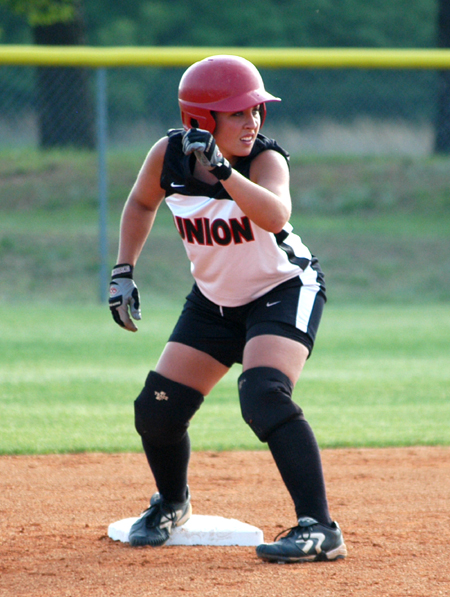 Sophomore Candace Cross prepares to take her lead from second base in Union's sweep over Martin Methodist. - Photo by Steven Aldridge