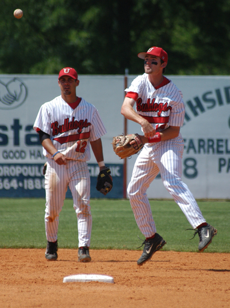 Junior second baseman Jason Cooper (13) and junior shortstop Josiah Enyart (12) have sured up Union's middle infield with their outstanding defensive plays.  Both Cooper and Enyart transferred to Union from the same Juco in Kansas. - Photo by Steven Aldridge