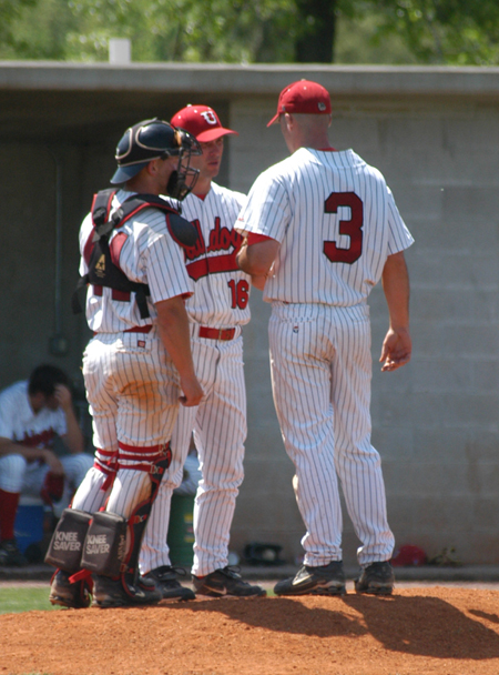 Union's first-year head coach Brent Fronabarger gives instructions to Union starter Garrett Pepper and catcher Zach Lowery during a weekend series versus Cumberland. - Photo by Steven Aldridge