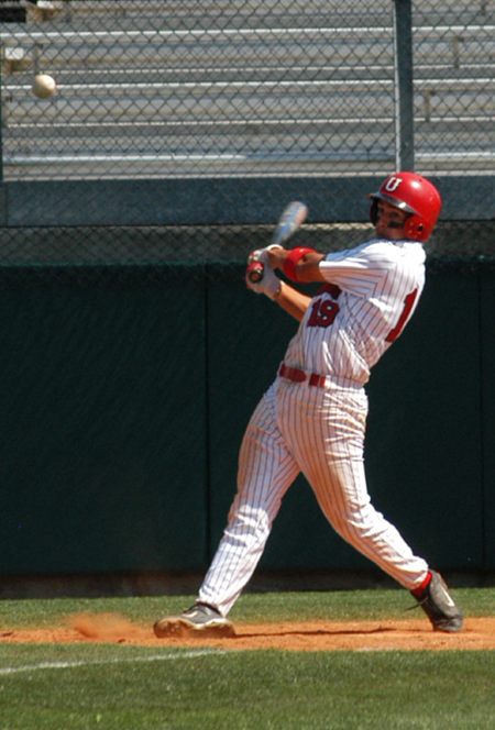 Sophomore first baseman Andrew Maddox slaps a single into left field during Union's conference series with Cumberland. - Photo by Steven Aldridge