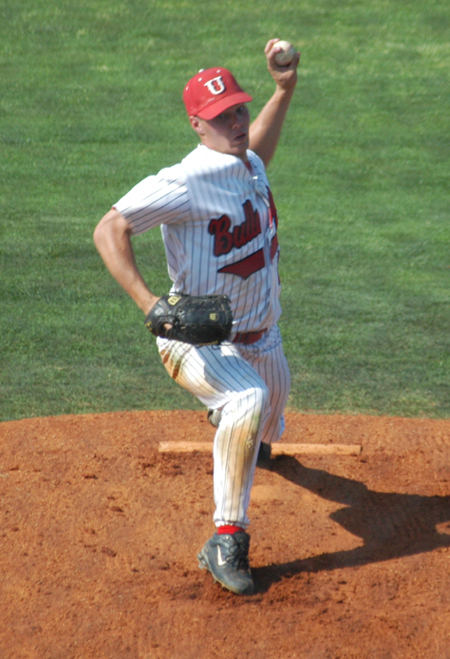Sophomore Jud Powers delivers a pitch to the plate in game three of a weekend series versus Cumberland at Union's Fesmire Field. - Photo by Steven Aldridge
