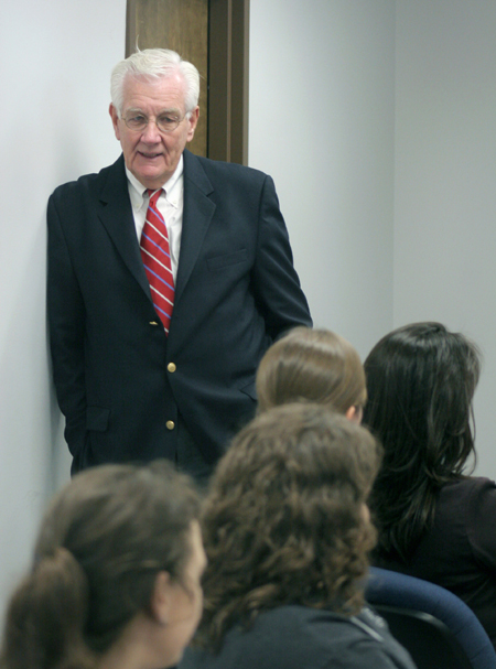 During a discussion with business students, William Pollard, former CEO of The ServiceMaster Company, challenged thought-provoking questions about faith’s role in business. - Photo by Kyle Kurlick